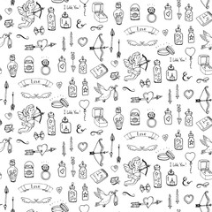 Pattern with hand drawn doodle Love and Feelings collection Vector illustration Sketchy Big set of icons for Valentine's day, Mothers day, wedding, love and romantic events Hearts hands Cupid Bicycle
