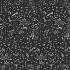 Seamless pattern Hand drawn doodle Mountain Climbing icons set. Vector illustration. Mountaineering equipment Cartoon sketch for trekking, hiking, tourism, expedition, camping, outdoor recreation.