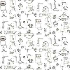 Seamless pattern Hand drawn doodle Plumbing icons set. Vector illustration. Plumber repair tools collection. Cartoon water pipe sketch elements: sink, tube, drain, washing machine, splash, drops, leak