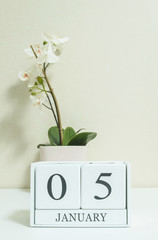 Closeup white wooden calendar with black 5 january word with white orchid flower on white wood desk and cream color wallpaper in room textured background , selective focus at the calendar