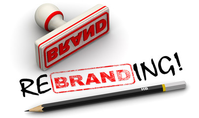 Brand - rebrending. The stamp and an imprint. White stamp and red imprint BRAND corrected to REBRANDING! on white surface. 3d illustration