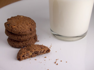 Heaped Cookies with Glass of Milk on White Dish