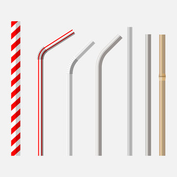 top view flat lay vector set of different drinking straws from retro classic disposable striped plastic to the modern reusable modern glass, steel and bamboo