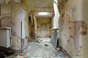lancashire, England, 04/04/2014, Whittingham Mental Asylum, An old abandoned corridor with peeling...