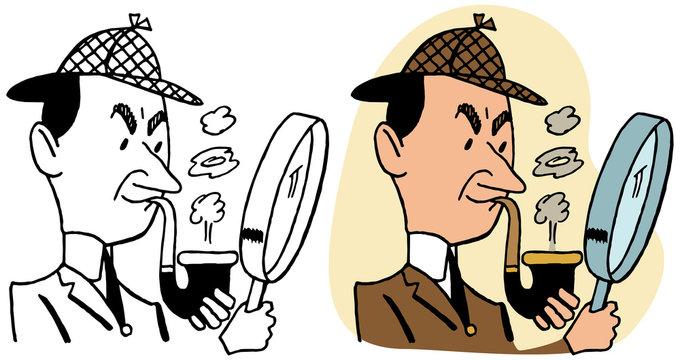 A detective looking at a clue with his magnifying glass
