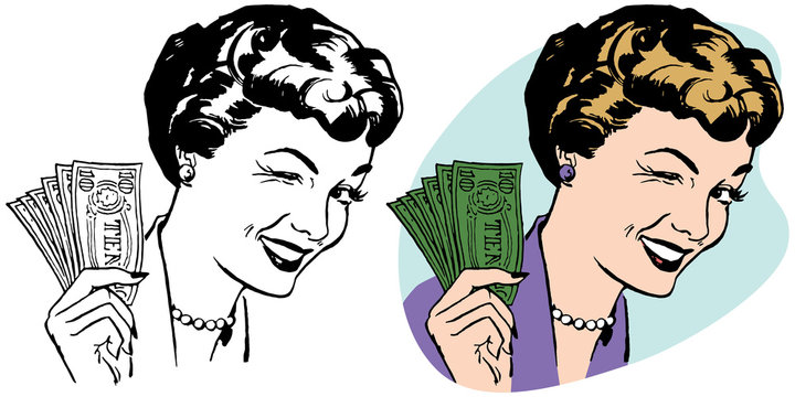 Winking woman holding a handful of dollar bills