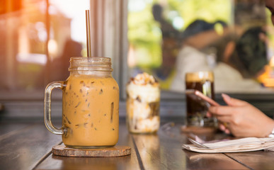 Selective focus ice coffee in coffee shop,copy space.