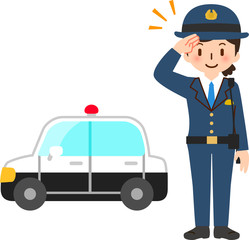 敬礼する婦警とパトカー
