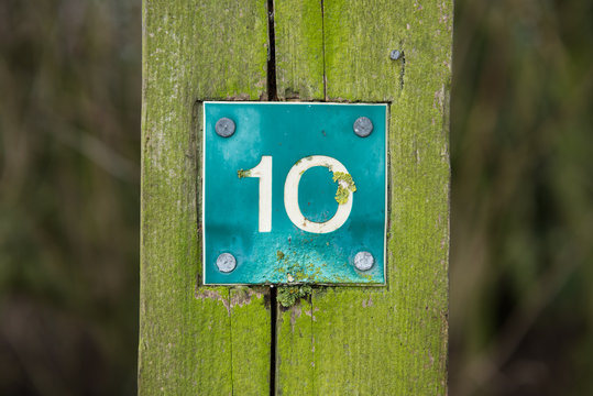 Rustic number ten sign, on a wooden marker , on a walking trail, in a mossy forest.