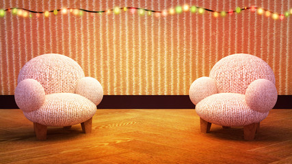 3d rendering picture of two linen fabric texture chairs and colorful Christmas lights. Glowing light bulbs for festive decoration. Happy Holidays and Merry Christmas greeting card.