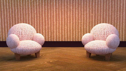 3d rendering picture of two linen fabric texture chairs. Warm, cozy and relaxing sitting area.