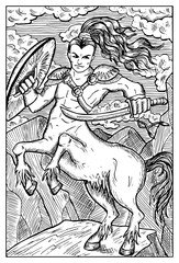 Centaur, warrior with horse body. Engraved fantasy illustration
