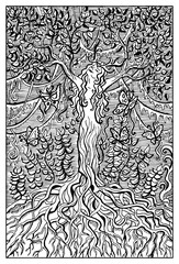 Dryad or Nymph in the forest. Engraved fantasy illustration