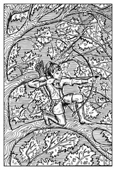 Elf with bow and arrows. Engraved fantasy illustration
