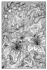 Fairy girls or elfins with flowers. Engraved fantasy illustration