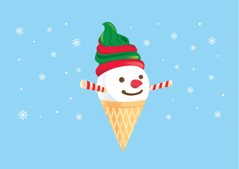 Snowman made of ice cream cone and dessert. Wafer stick and strawberry decoration to be face. Illustration about Christmas and winter.