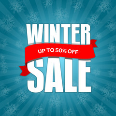 Fototapeta premium Winter sale badge, label, promo banner template. Up to 50% OFF discount sale offer vector illustration.
