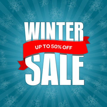 Winter sale badge, label, promo banner template. Up to 50% OFF discount sale offer vector illustration.