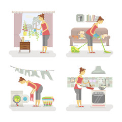 Set of housewifes in funny cartoon style for infographic. Homemaker is cleaning, ironing, cooking, wash and child rearing vector illustration.