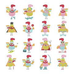 Naklejka premium Set of Cute cartoon roosters characters illustration. Vector template with funny cocks. Symbol of 2017 Chinese New Year