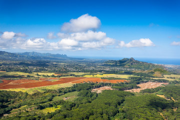 View to Wailua and Kapaa, Kauai - The Kalepa Ridge and Moloaa Forest Reserve dominate the otherwise flat plains