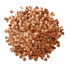 Buckwheat groats pile top view on white background