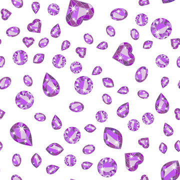 Seamless pattern with violet scattered precious gem Amethyst from different cuts on white background. Vector illustration