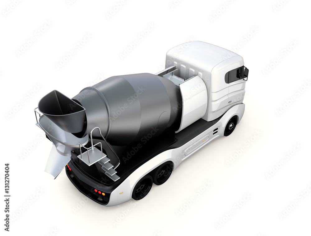 Poster rear view of concrete mixer truck isolated on white background. 3d rendering image with clipping pat