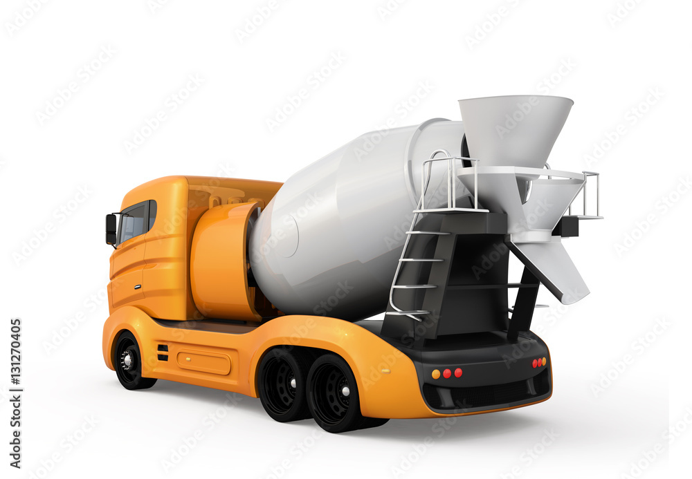 Poster rear view of concrete mixer truck isolated on white background. 3d rendering image with clipping pat