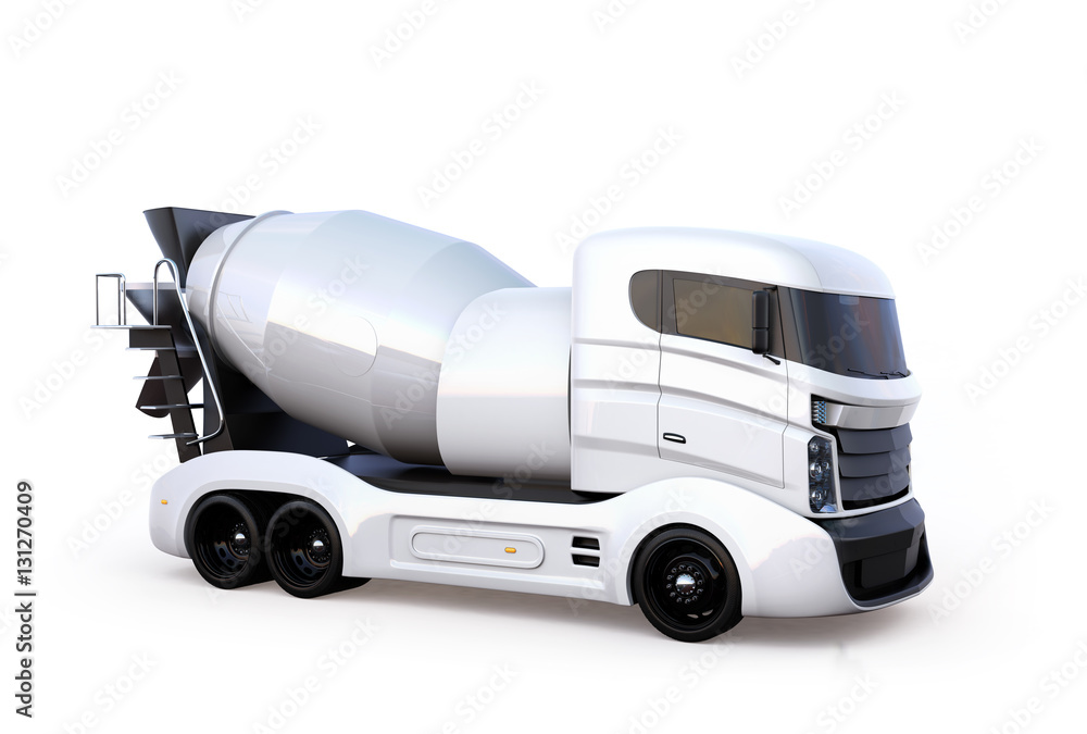 Poster side view of concrete mixer truck isolated on white background. 3d rendering image with clipping pat