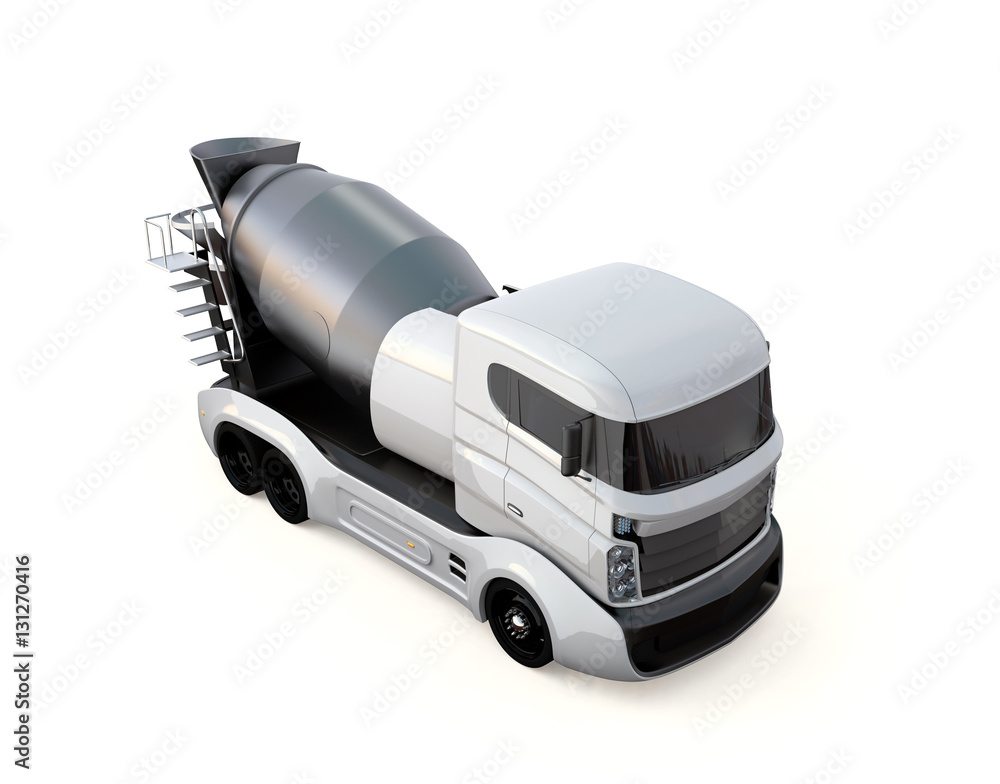 Poster white concrete mixer truck isolated on white background. 3d rendering image with clipping path.