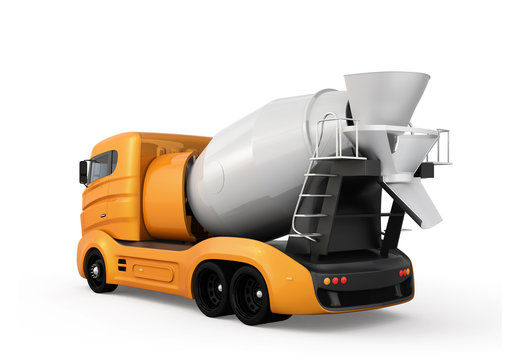Rear view of concrete mixer truck isolated on white background. 3D rendering image with clipping path.