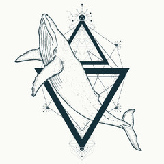 Fototapeta premium Whale tattoo geometric style. Mystical symbol of adventure