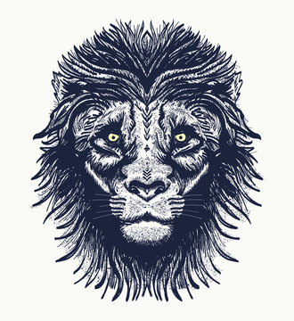 Lion tattoo. Realistic portrait of lion t-shirt design, graphic