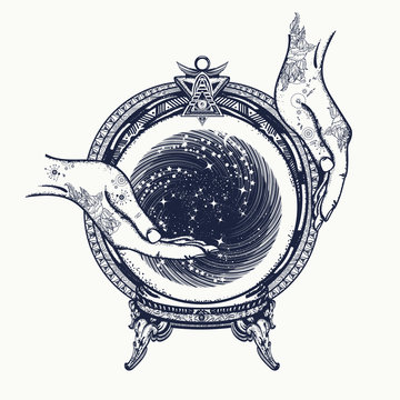 Fortune teller tattoo art and t-shirt design. Magic crystal ball