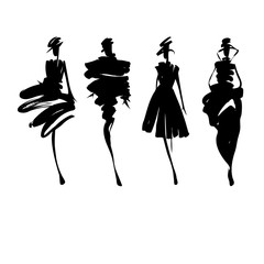 Fashion models sketch hand drawn , stylized silhouettes isolated . Vector fashion illustration set. Fashion logo. - obrazy, fototapety, plakaty