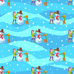 Children make a snowman. Illustration winter seamless background.