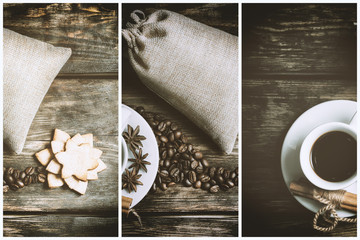 Coffee composition with black coffee, cinnamon and cookies on the old wooden table  