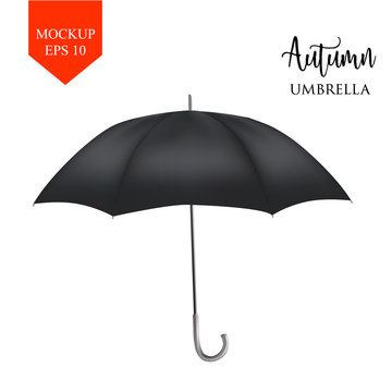 Vector classic black round Rain umbrella side view. isolated background