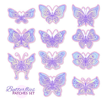 Set of butterflies fashion patch, badges, stripes, stickers. Thi
