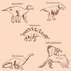 Dinosaurs with names. Pencil sketch by hand. Vintage colors. Vector