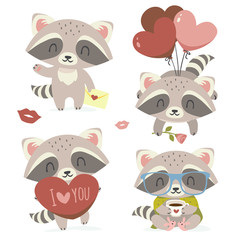vector raccoon with heart set