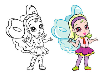 vector colourful elf fairy girl with coloring page