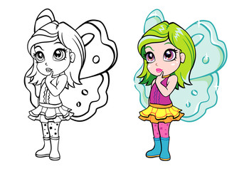 vector colourful elf fairy girl with coloring page