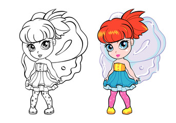 vector colourful elf fairy girl with coloring page
