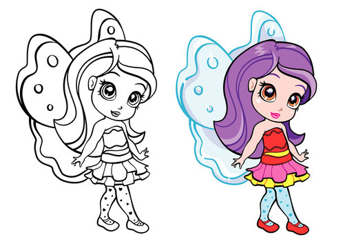 vector colourful elf fairy girl with coloring page