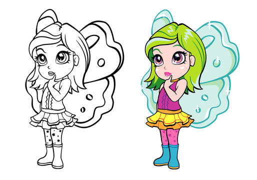 vector colourful elf fairy girl with coloring page