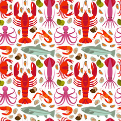 Seafood seamless pattern. Vector illustration.