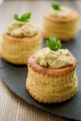 Puff pastry bouchees filled tuna spread parsley