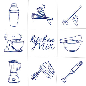 Doodle set of kitchen mixer - shaker, whisk, food processor, mortar, smoothie maker, mixer, blender, hand-drawn. Vector sketch illustration isolated over white background.